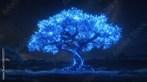 A glowing, ethereal blue tree shines brightly against a starry night, illuminating the grassy landscape