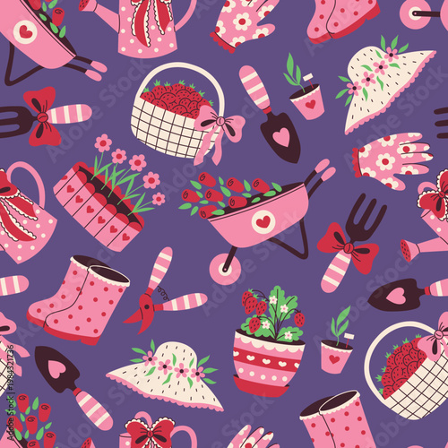 Pink Garden Equipment Seamless Pattern. Romantic Coquette Gardening work tools in hand drawn flat style. Watering can Hat rubber boots wheelbarrow seedling. Vector Illustration