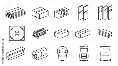Set of isometric line art icons representing building materials and construction elements.