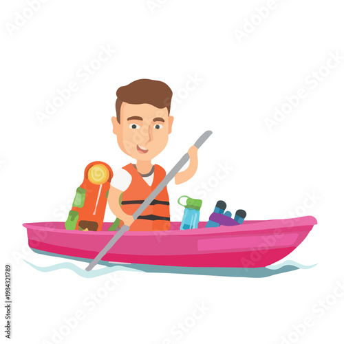 PrintCheerful Man Paddling Pink Canoe Adventure Cartoon