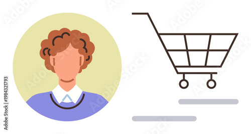 Online shopping, consumer behavior, e-commerce, retail services, digital marketing, convenience. Profile of a person paired with a shopping cart. Online shopping and consumer behavior concept