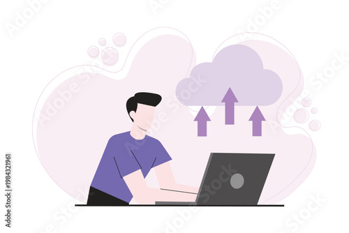 Flat illustration of a man working on a laptop with cloud upload icons. Concept of cloud computing, data storage and file transfer.