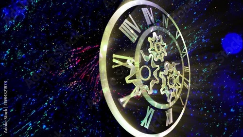 A surreal cosmic clock with rotating gears floats within a glowing galaxy, symbolizing the infinite flow of time, universal motion, and the connection between mechanics and the cosmos.
