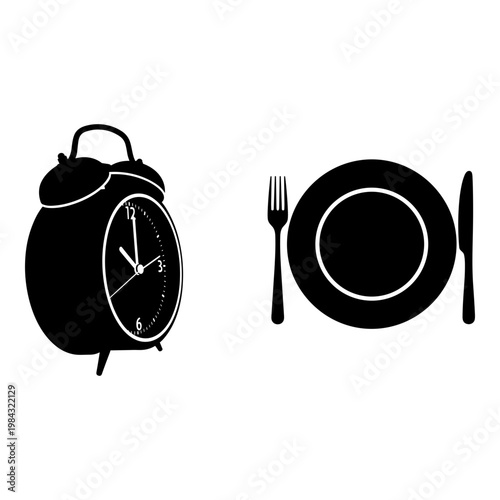 Analog alarm clock next to a simple black and white plate with utensils Vector, illustration