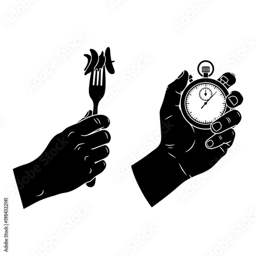 Balancing act between eating quickly and timing efficiency with a fork and stopwatch. Vector, illustration