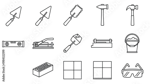 Professional masonry tools line icons set featuring brickwork equipment and construction gear for builders.