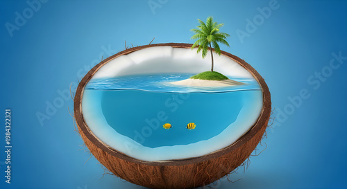 A whimsical scene of a tropical paradise inside a giant hollowed coconut illustration