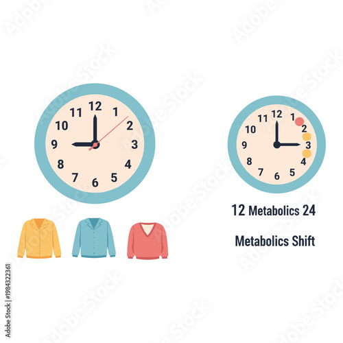 Illustration of circadian rhythm and metabolic shifts over a 24-hour period with clothing colors Vector, illustration