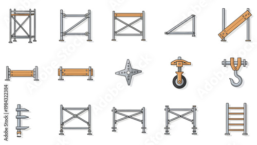 Industrial scaffolding and construction structure components set for building site infrastructure planning.