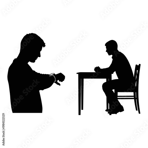 Two individuals engaged in a silent conversation across a table with one checking a watch. Vector, illustration