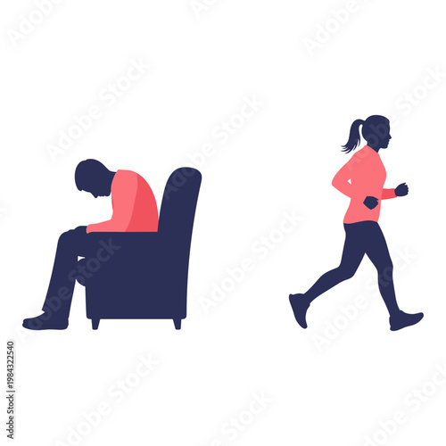 Contrast between a sedentary lifestyle and active exercise routine Vector, illustration