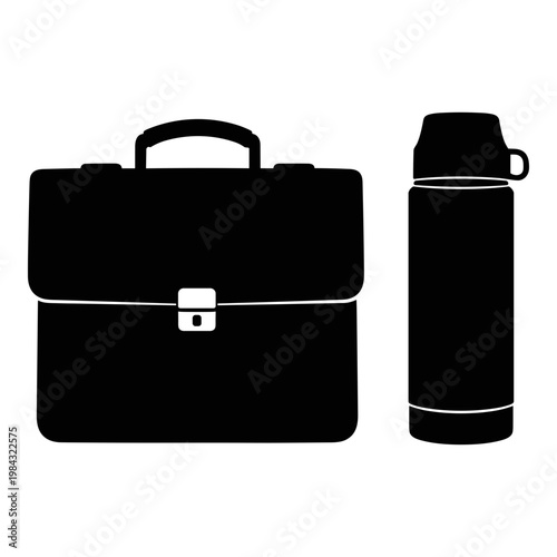 Professional briefcase and insulated water bottle pair for office use Vector, illustration