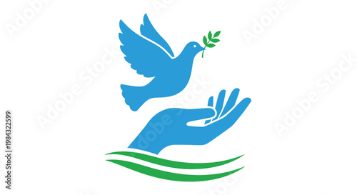A blue dove carrying an olive branch is held in a cupped hand