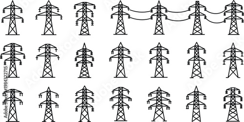 Set of electricity pylon and power line icons with transmission tower high voltage energy transmis