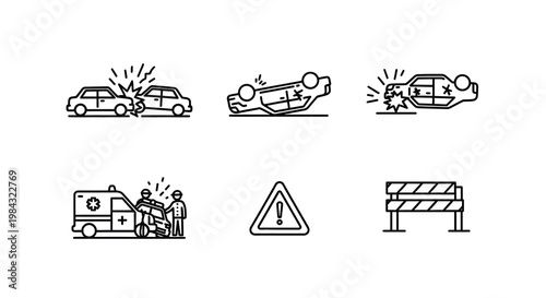 Traffic accident scenes with emergency services a linear silhouette