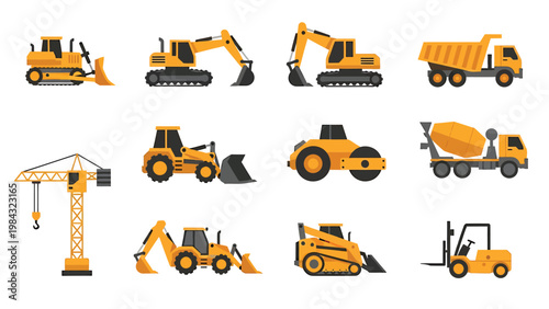 Heavy construction machinery and yellow industrial vehicles collection.
