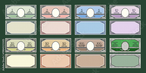 Vector set of gaming retro banknotes. Denomination, one, two, five, ten, twenty, fifty, hundred and million dollars. Samples of obverse and reverse bills game, empty oval. Template notes. Frame grid