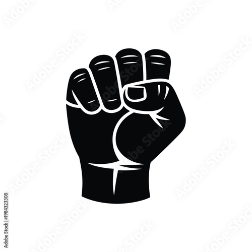 A raised black fist symbolizing strength and solidarity on a white background