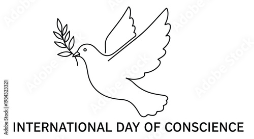 A white dove carrying an olive branch with text reading international day of conscience