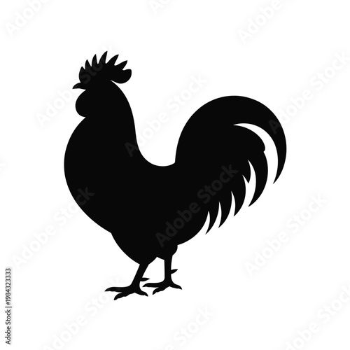 A black silhouette of a rooster on a white background