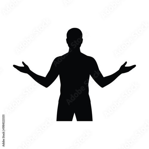 A black silhouette of a man with arms outstretched in a questioning pose