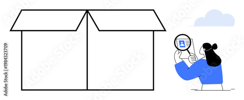 Verification process. Woman examines identity card with magnifying glass near open box, verification, identity validation, and analysis. For security, ID checks, shipping, auditing compliance
