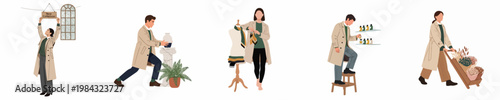A set of boutique staff and small business owners in stylish outfits performing various retail tasks, including shop display, flower delivery, and inventory.