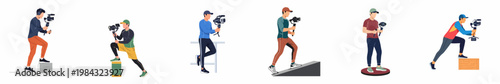Set of professional camera operators and videographers using gimbals and stabilizers in different movement poses isolated on a white background.