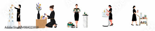 Flat illustration set of a professional woman working in a luxury beauty boutique, showcasing perfume bottles, managing stock, and providing premium retail customer service.