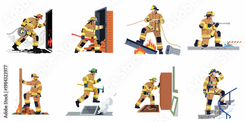 Collection of flat vector illustrations depicting brave firefighters in different emergency situations, performing rescue operations, and extinguishing fires with professional equipment.