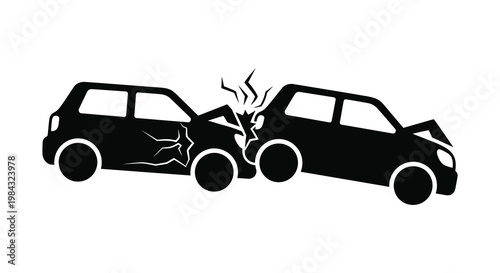 Two cars colliding head on depicted in a stark black silhouette