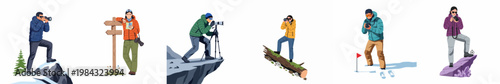 Collection of diverse outdoor photographers and hikers capturing nature landscapes in various adventurous environments, flat vector illustration set on white background.