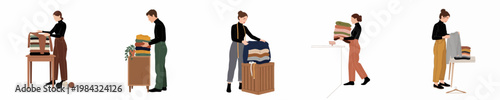 Set of flat illustrations showing people organizing, folding, and carrying stacks of warm knitted sweaters in retail and home environments.
