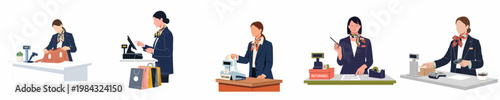 Collection of flat vector illustrations featuring female retail staff working at service desks, managing checkouts, scanning packages, and handling customer returns.
