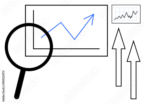Business analysis, data trends, financial growth, research optimization, performance tracking, success metrics. Focus on graphs and magnifying glass inspecting data. Business analysis and data trends