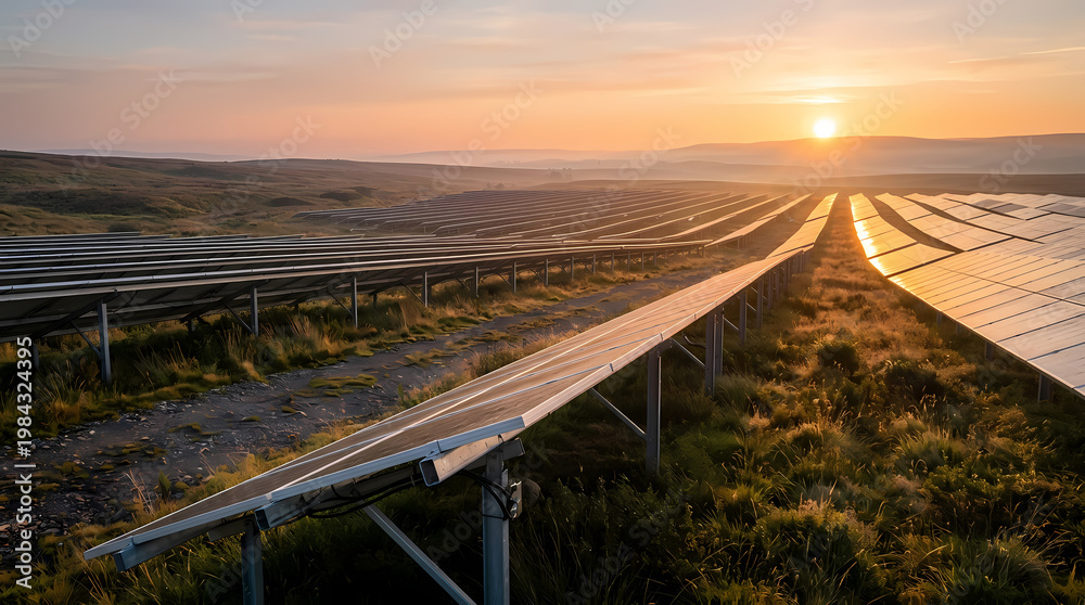 Obraz premium Rows Of Solar Panels In A Rural Field At Sunset With Golden Light Reflecting Off Photovoltaic Cells For Green Energy