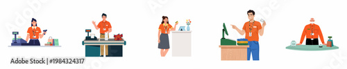 Set of diverse store employees and cashiers in flat illustration style, working at various checkout counters with retail equipment and merchandise.