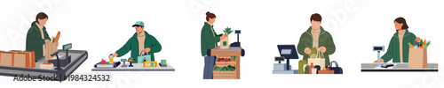 Collection of supermarket checkout scenes featuring people bagging groceries and using cash registers, presented as flat vector illustrations on a white background.