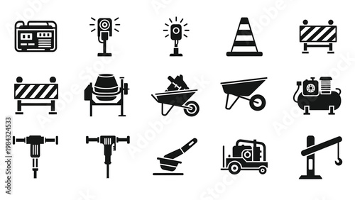 Solid black icons for construction site elements, machinery, and safety gear.