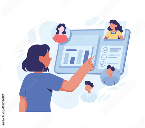 HR professional evaluating remote team candidates through digital dashboard interface for employee selection and virtual workforce management decisions