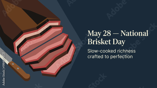 National Brisket Day May 28 Poster with Sliced Smoked Beef and Knife Illustration, Barbecue Meat Banner, Slow Cooked Gourmet Food Concept Flat Vector Design