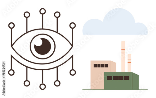 Surveillance, technology, industry monitoring, environmental impact, digital applications, data analysis. Eye graphic with circuit connections near factory illustration. Surveillance and technology