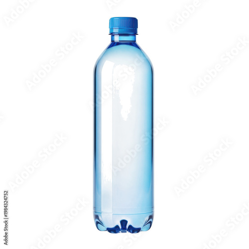 A clear plastic bottle filled with fresh drinking water and topped with a bright blue screw cap