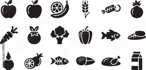 Food icons, fruit and seafood symbols, black vector graphics, 20 icons set