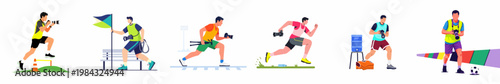 Flat vector illustration collection of sports photographers in action poses, running with cameras, tripods, and equipment at athletic events.