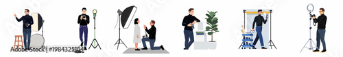 Collection of vector illustrations depicting a professional male photographer in various studio scenarios using lights, cameras, and working with a model.