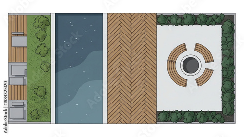 Creating a vector 2D CAD design for an outdoor patio layout with furniture and landscaping