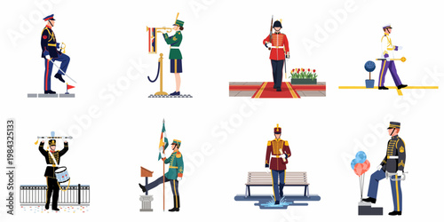 Collection of diverse ceremonial military soldiers in formal uniforms performing various official duties, presented in a clean flat vector illustration style.