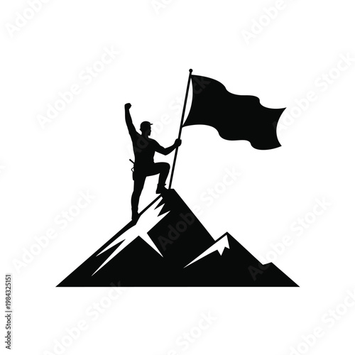 A triumphant man stands on a mountain peak waving a flag