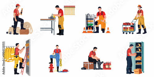 Collection of Firefighters Performing Equipment Maintenance, Preparation, and Storage Tasks in Fire Station, Flat Vector Illustration